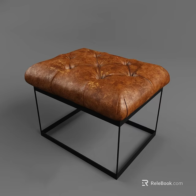 Brown Leather Tufted Stool with Black Metal Frame Modern Home Decor Furniture Piece 3d model 