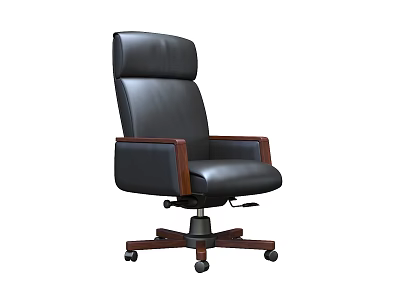 Black Leather Office Chair With High Backrest Wooden Armrests Swivel Base And Wheels 3d model