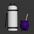 Stainless Steel Thermos Flask and Purple Cup with Straw for Daily Use