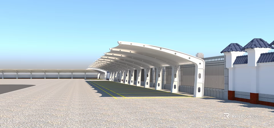 Modern Outdoor Curved Canopy Structure With White Columns For Parking Lot 3d model