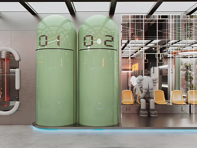 Hotel Public Lounge Area Featuring Green Cylindrical Structures Numbers 01 02 Yellow Chairs Glass Walls 3d model