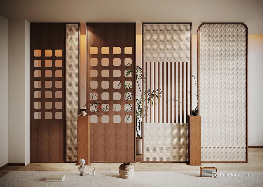Stylish Wooden Room Dividers With Lattice Panels Striped Designs And Natural Plants For Interior Decor 3d model 