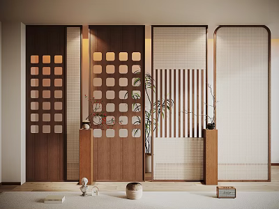 Stylish Wooden Room Dividers With Lattice Panels Striped Designs And Natural Plants For Interior Decor 3d model