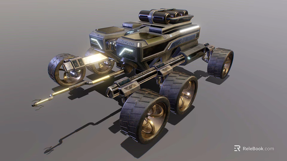Futuristic Exploration Vehicle With Large Metallic Wheels Top Equipment Illuminated Lights Mechanical Arm 3d model 