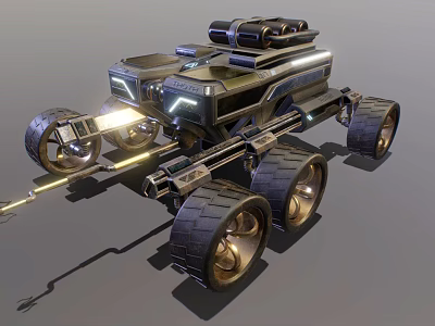 Futuristic Exploration Vehicle With Large Metallic Wheels Top Equipment Illuminated Lights Mechanical Arm 3d model