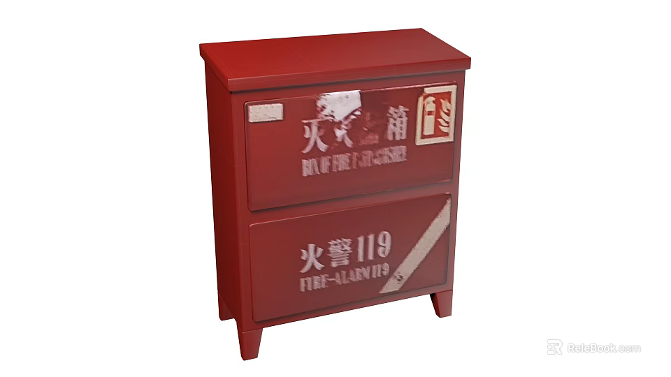 Red Fire Extinguisher Cabinet With Fire Alarm 119 Sign And Equipment 3d model 