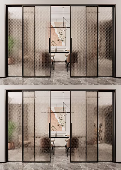 Modern Interior Design With Glass Sliding Doors For Living And Dining Area 3d model