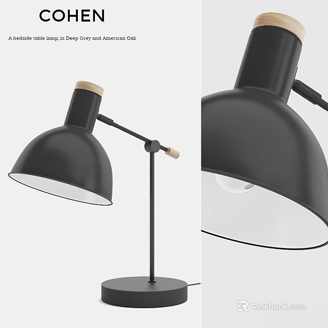 Modern Black Desk Lamp With Round Shade Adjustable Metal Arm And Wooden Knob 3d model 