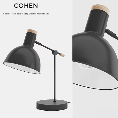 Modern Black Desk Lamp With Round Shade Adjustable Metal Arm And Wooden Knob 3d model