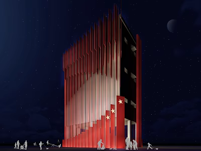 Red Building With Vertical Stripes And Star Decorations At Night With Moon And People Silhouettes 3d model