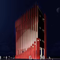 Red Building With Vertical Stripes And Star Decorations At Night With Moon And People Silhouettes