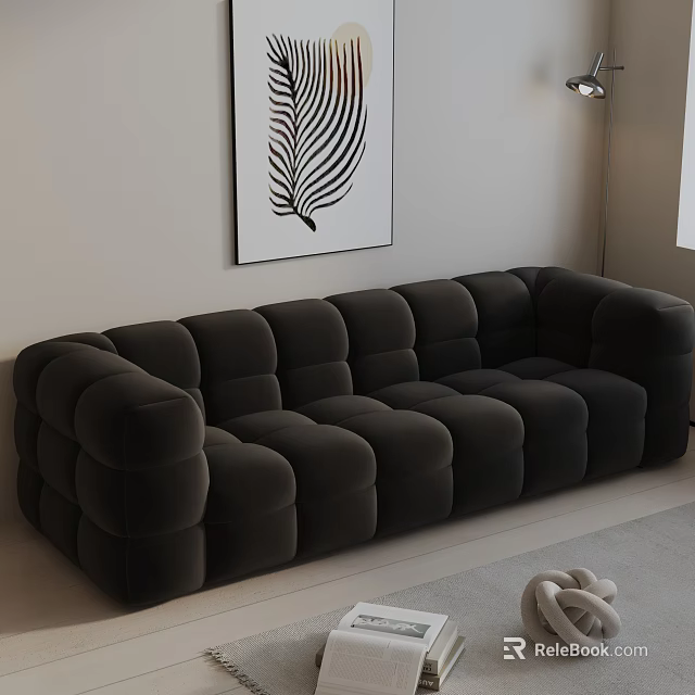 Dark Gray Three Seater Sofa With Cube Shaped Design In Modern Living Room 3d model 