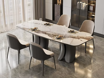 Modern Dining Table And Chairs Set With Marble Top And Gray Upholstered Chairs 3d model