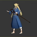 Blonde Woman Wearing Blue Robe Holding Brown Staff Posing Against Gray Background Magically