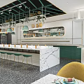 Modern Restaurant Interior Design With Bar Counter High Stools Green Decor And Pendant Lights