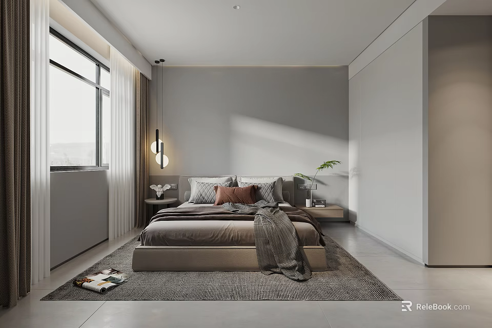 Modern Bedroom Interior With Cozy Bed Pillows Nightstands Pendant Light And Window 3d model 