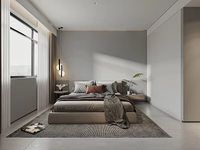 Modern Bedroom Interior With Cozy Bed Pillows Nightstands Pendant Light And Window 3d model