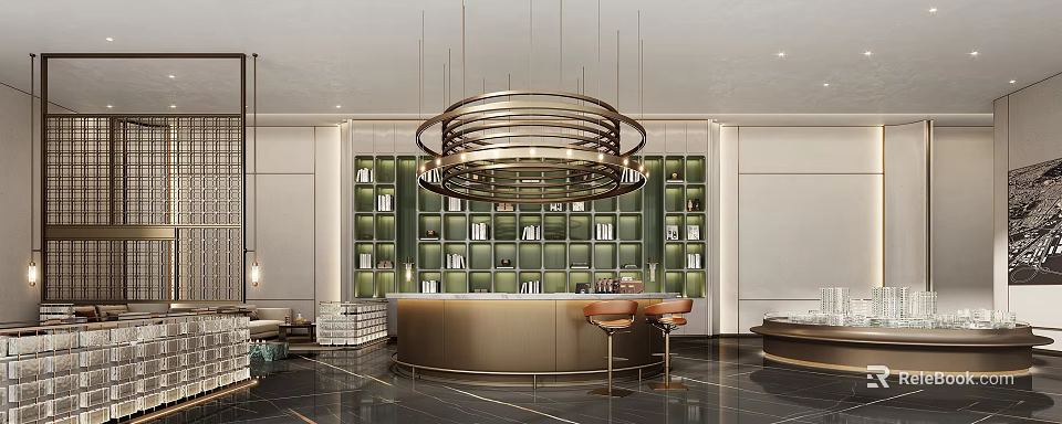 Luxurious Modern Sales Office Interior With Circular Reception Counter And Chandelier 3d model 