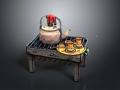 Vintage Teapot and Teacups on Small Lattice Table with Red Cloth Decoration Home Living 3d model