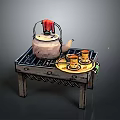 Vintage Teapot and Teacups on Small Lattice Table with Red Cloth Decoration Home Living