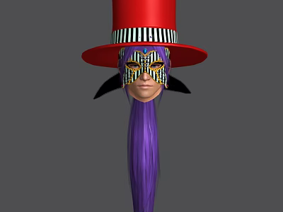 Mysterious Game Movie Character With Red Top Hat Colorful Mask And Long Purple Hair 3d model