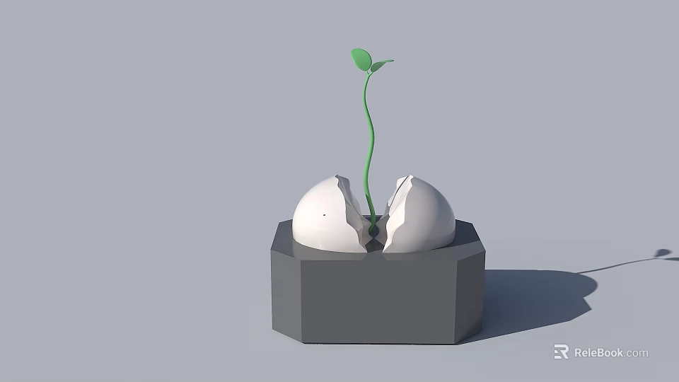 Small Green Seedling Growing From Cracked White Eggshell On Gray Polyhedral Base 3d model