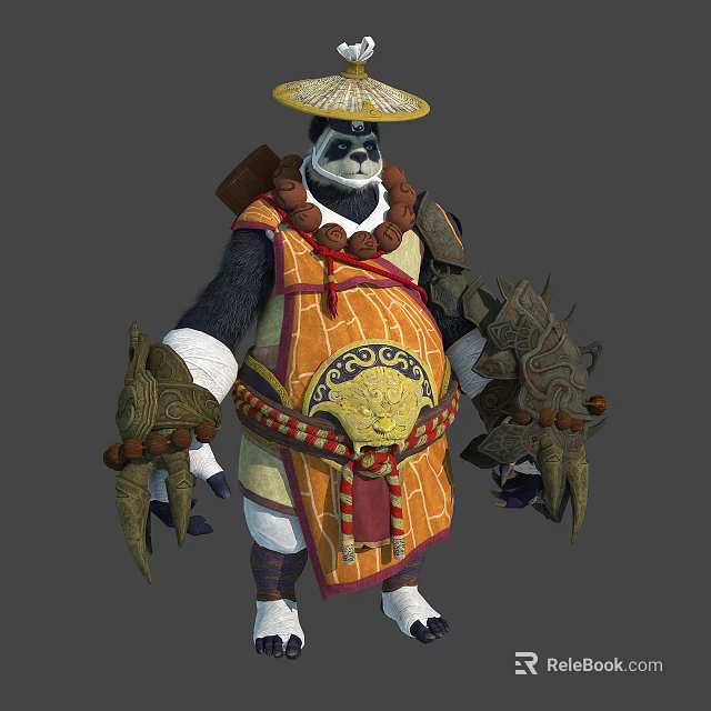 Panda Warrior Character With Straw Hat Ornate Robe And Decorative Arm Guards 3d model 