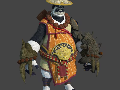 Panda Warrior Character With Straw Hat Ornate Robe And Decorative Arm Guards 3d model