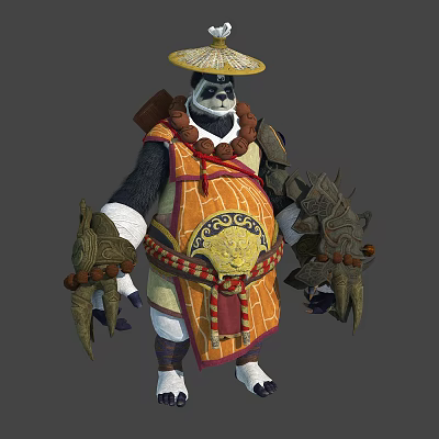 Panda Warrior Character With Straw Hat Ornate Robe And Decorative Arm Guards 3d model