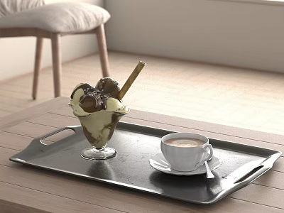Indulgent Creamy Ice Cream in Glass with Cinnamon Stick and Coffee on Metal Tray 3d model