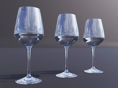 Three Transparent Stemmed Wine Glasses Filled With Water On Dark Surface Grey Background 3d model