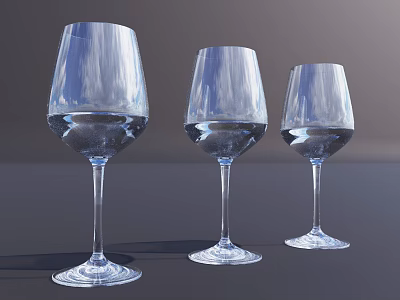 Three Transparent Stemmed Wine Glasses Filled With Water On Dark Surface Grey Background 3d model