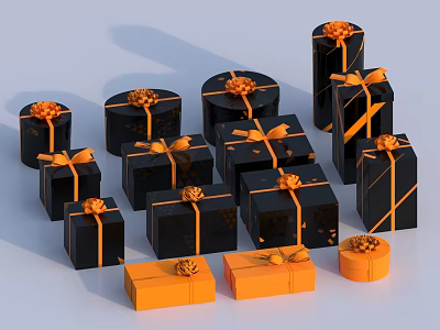Black and Orange Gift Boxes With Various Shapes Sizes And Orange Bows 3d model