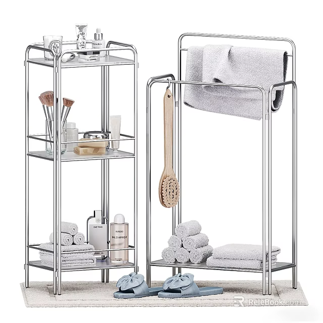 Stainless Steel Bathroom Accessories Racks With Towels Toiletries And Brush 3d model 