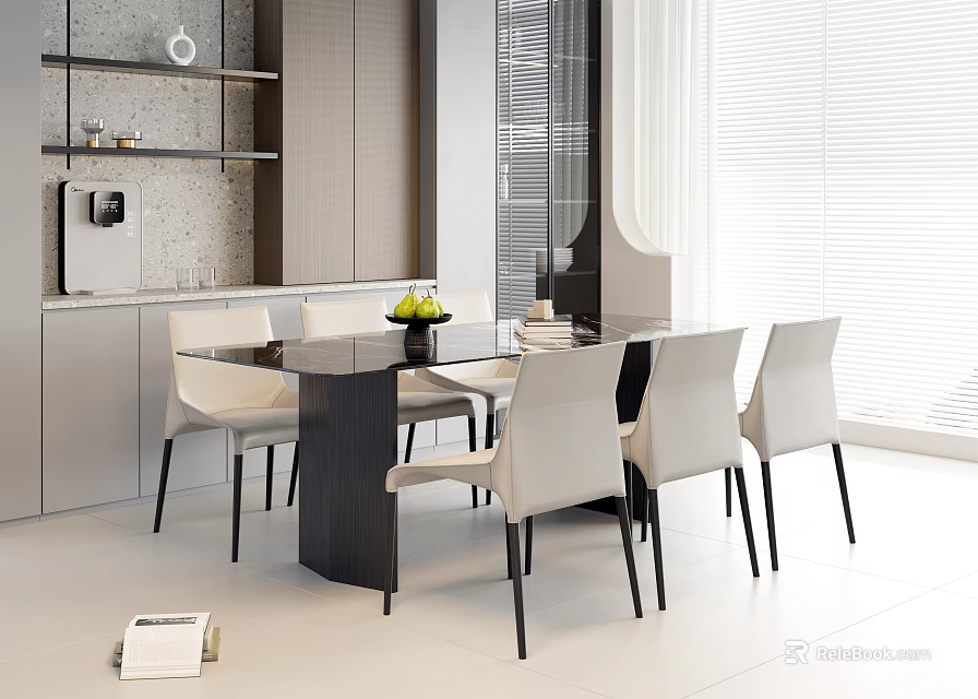 Modern Kitchen Interior With Stylish Dining Table Set And Light Colored Chairs 3d model
