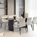Modern Kitchen Interior With Stylish Dining Table Set And Light Colored Chairs 3d model