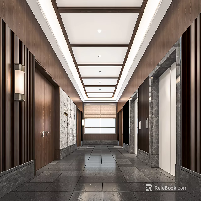 Modern Elevator Hallway Featuring Wooden Walls Stone Flooring Linear Light Strips Elevator Doors And Windows 3d model