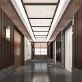 Modern Elevator Hallway Featuring Wooden Walls Stone Flooring Linear Light Strips Elevator Doors And Windows 3d model