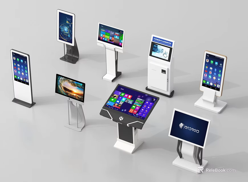 Public Facility Interactive Touchscreen Kiosks with Various Stands and Digital Interfaces 3d model 