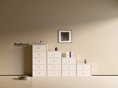 Poliform White Entryway Console Cabinet With Multiple Drawers Framed Wall Art And Decorative Items 3d model