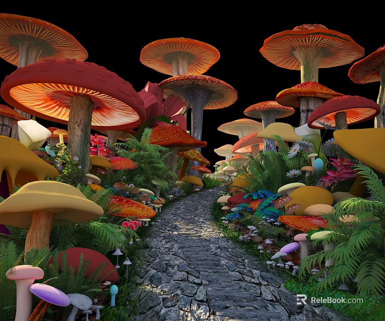 Enchanting Colorful Mushroom Landscape Sculptures Along Stone Path With Greenery 3d model 