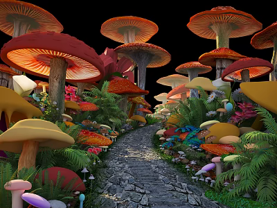 Enchanting Colorful Mushroom Landscape Sculptures Along Stone Path With Greenery 3d model