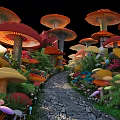 Enchanting Colorful Mushroom Landscape Sculptures Along Stone Path With Greenery