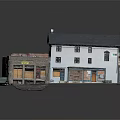 Cartoon Style Building Scene With Gray Roof White Walls And Colorful Storefronts