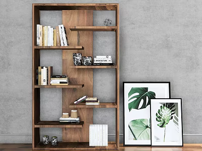 Modern Wooden Bookcase With Open Shelves Holding Books Decorative Items And Plant Prints 3d model