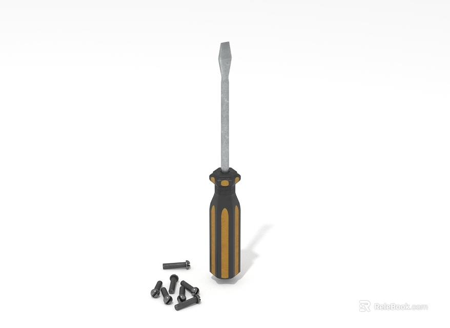 Durable Hardware Tools With Yellow And Black Handle Screwdriver And Black Metal Screws 3d model 
