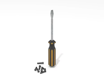 Durable Hardware Tools With Yellow And Black Handle Screwdriver And Black Metal Screws 3d model