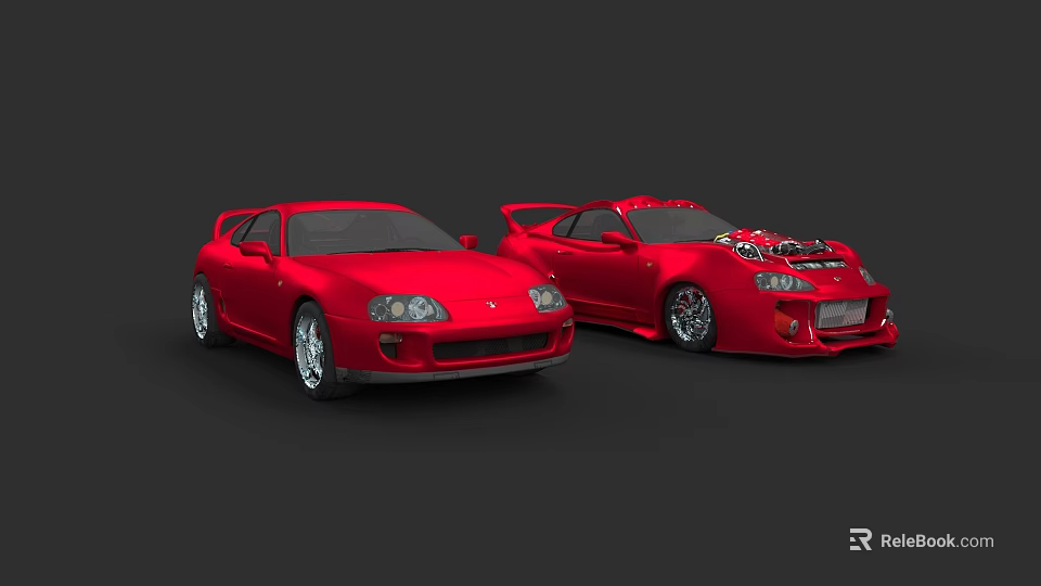 Two Red Sports Cars With Sleek Design And Exposed Engine Components 3d model 