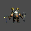 Robust Bearded Armored Warrior Character With Golden Armor Shield Axe And Shovel Weapon