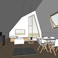 Modern Living Dining Area With Sloped Ceiling Large Windows Hanging Lights White Sofa Dining Table